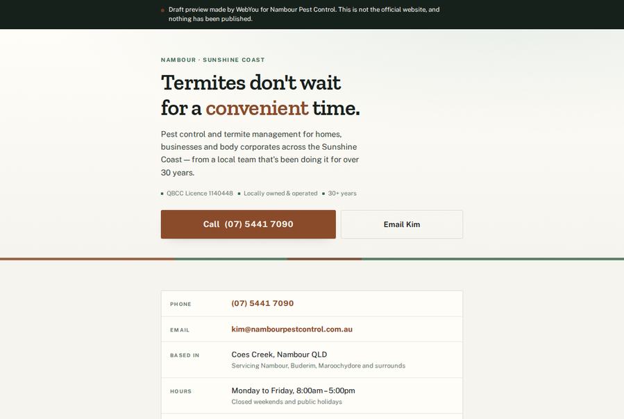 Free sample homepage we built for Nambour Pest Control