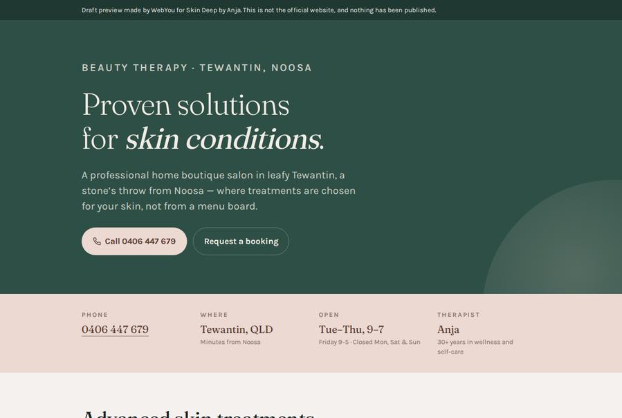 Free sample homepage we built for Skin Deep by Anja